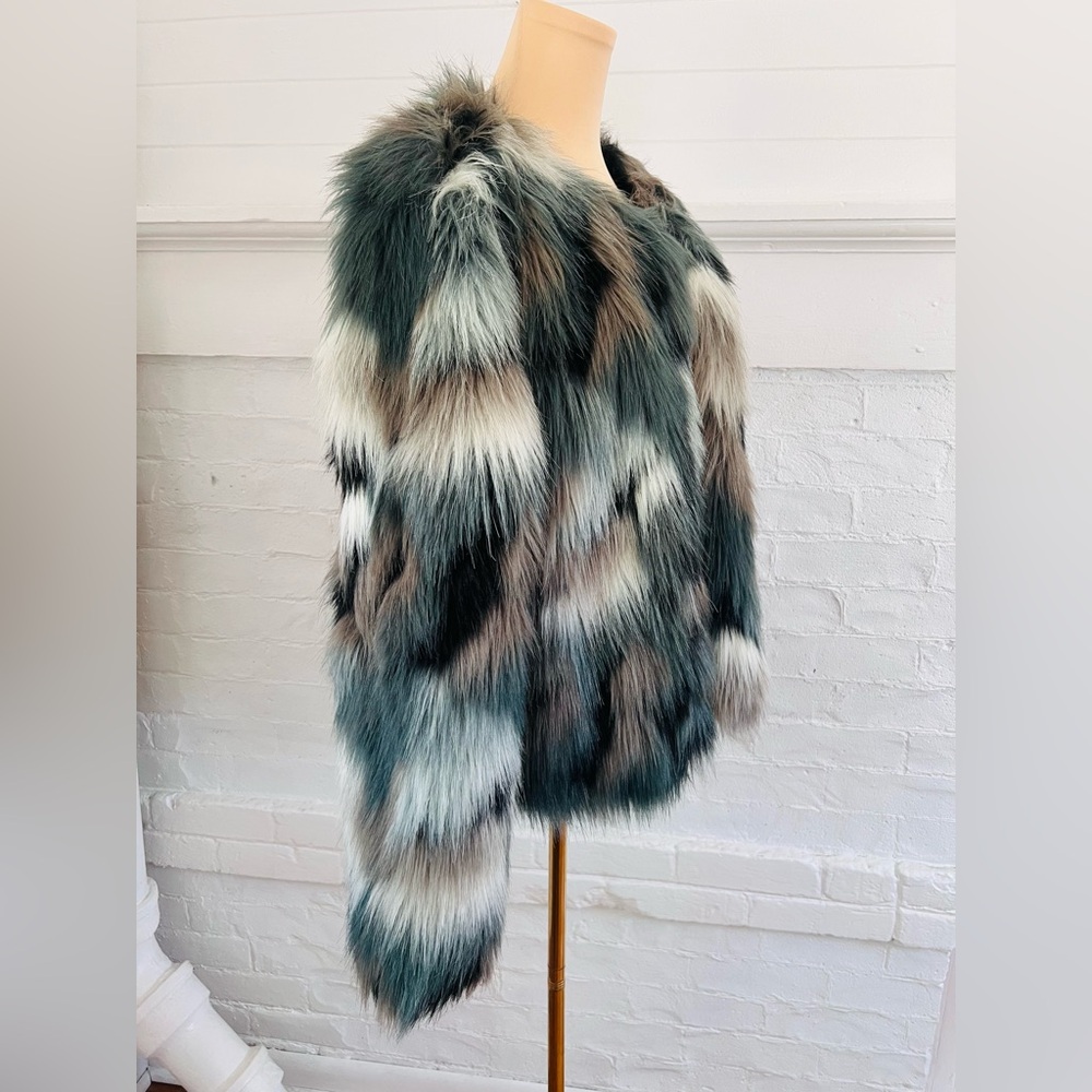 Willow And Clay Faux Fur Coat Teal Gray Multi Color Open Front Jacket Boho - Picture 4 of 12